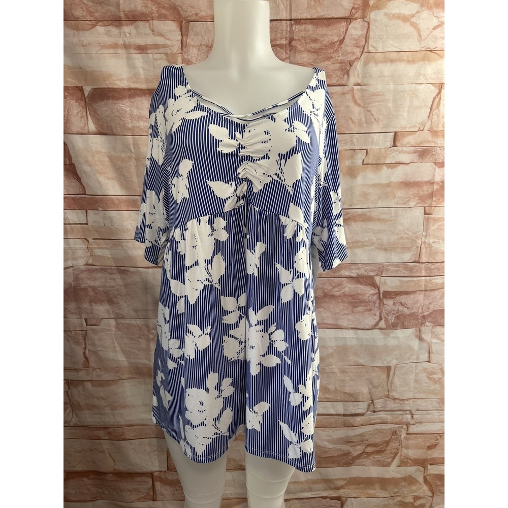 Boutique Top Plus Size 1X boho Floral Rose Stripe Romantic blue Strappy tunic